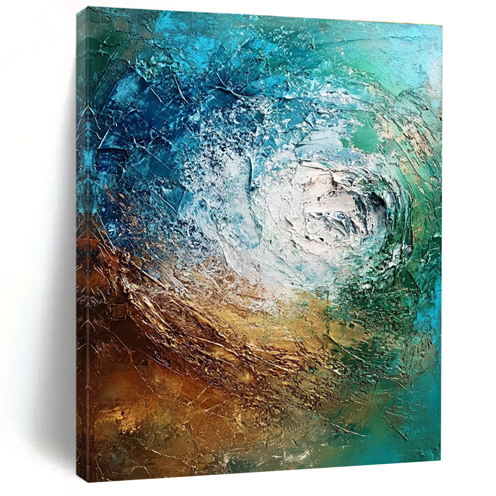 Large abstract painting depicting an underwater scene with textured brush strokes in rich shades of brown blue-green and metallic accents.STSC832