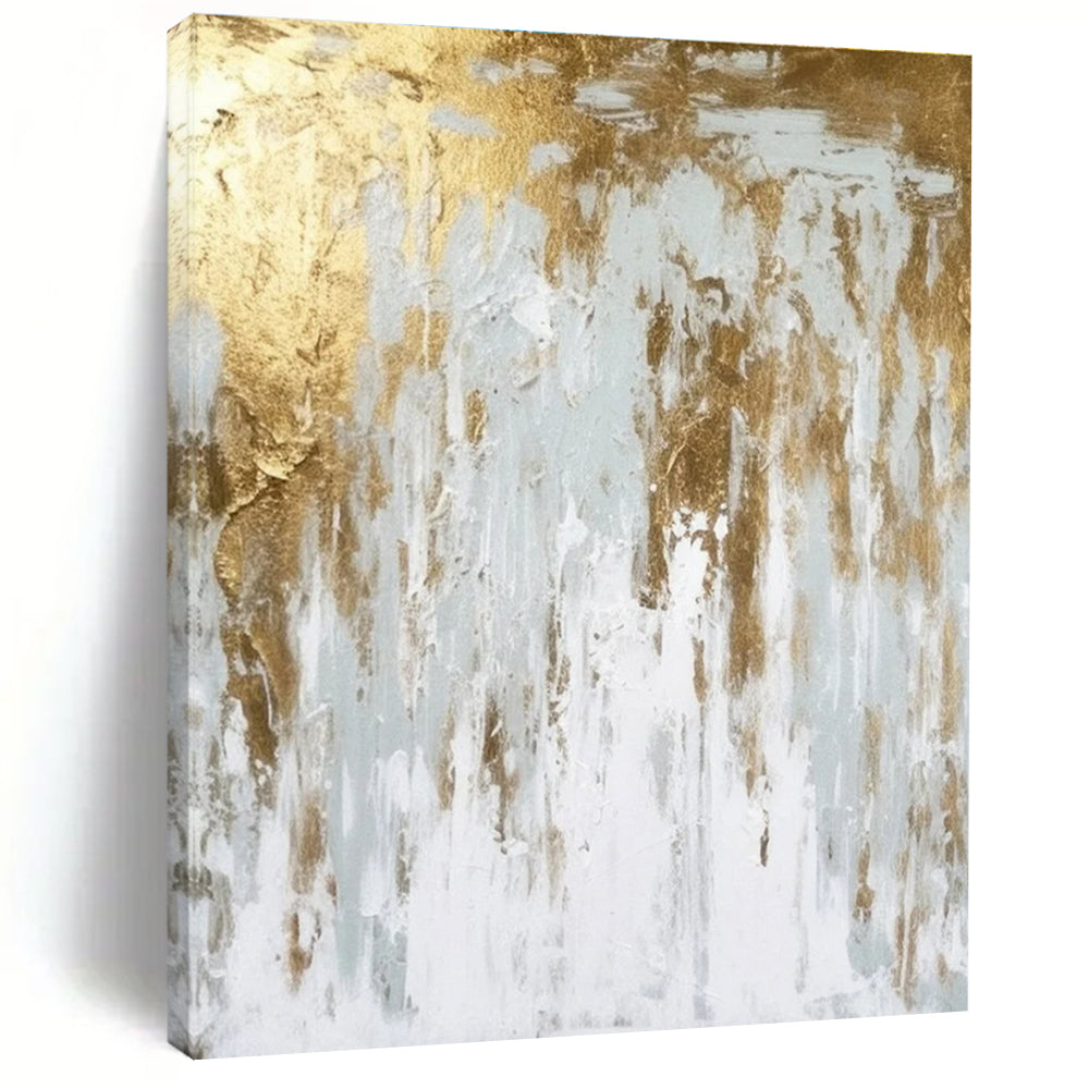 Gold and White Abstract Painting with Cascading Textures ADGE074