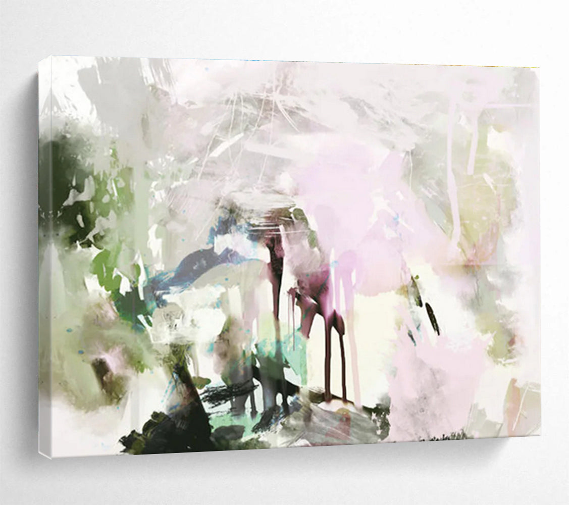 Pastel Toned Abstract Painting with Green and Pink Hues THY111