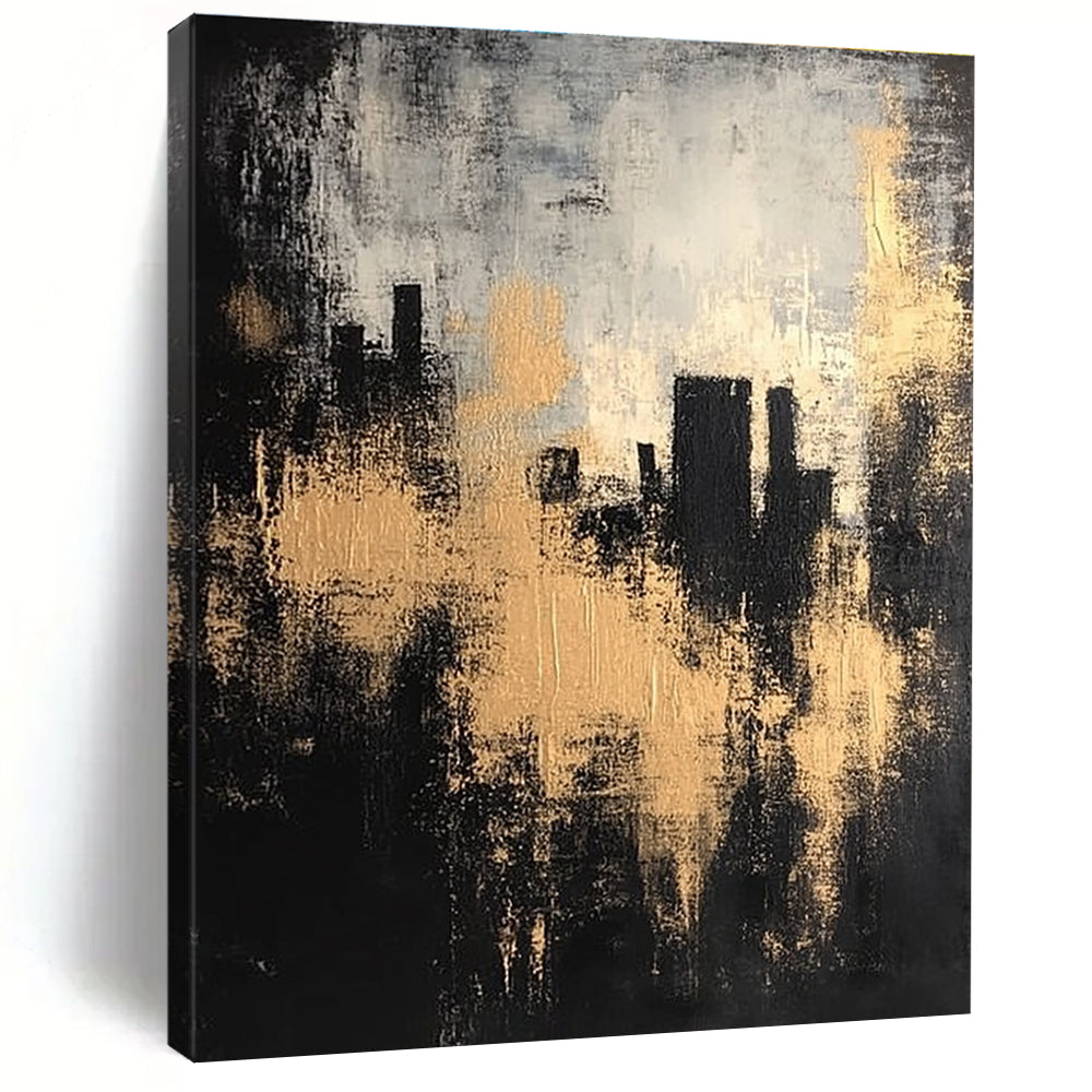 Large abstract painting featuring a black and gray background with golden highlights and silhouettes of buildings in an atmospheric, vintage style.STSC213