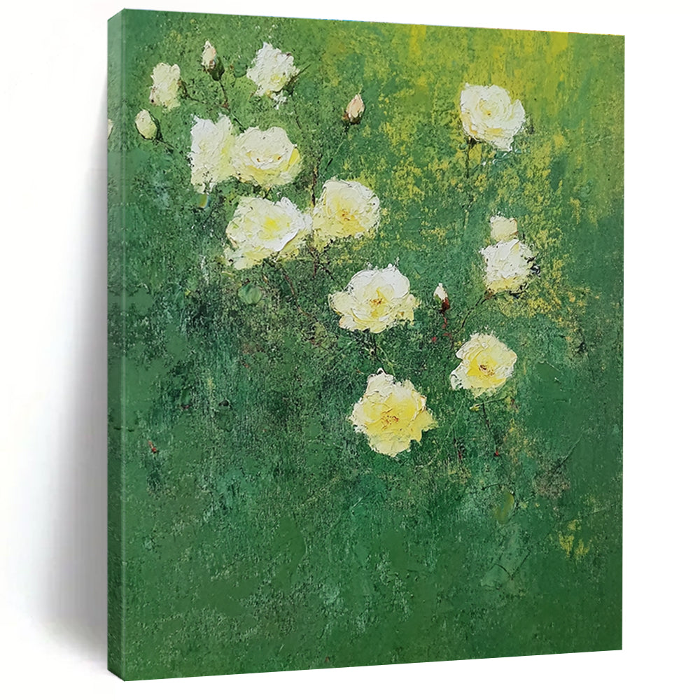 Large abstract painting of white roses on green background featuring bold brush strokes in impressionist style with green and yellow hues.STSC1152