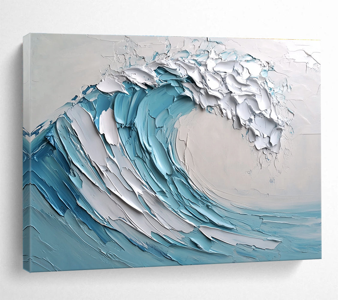 Large abstract painting of a wave featuring light blue and white colors with thick impasto texture. Perfect for modern decor.SC002