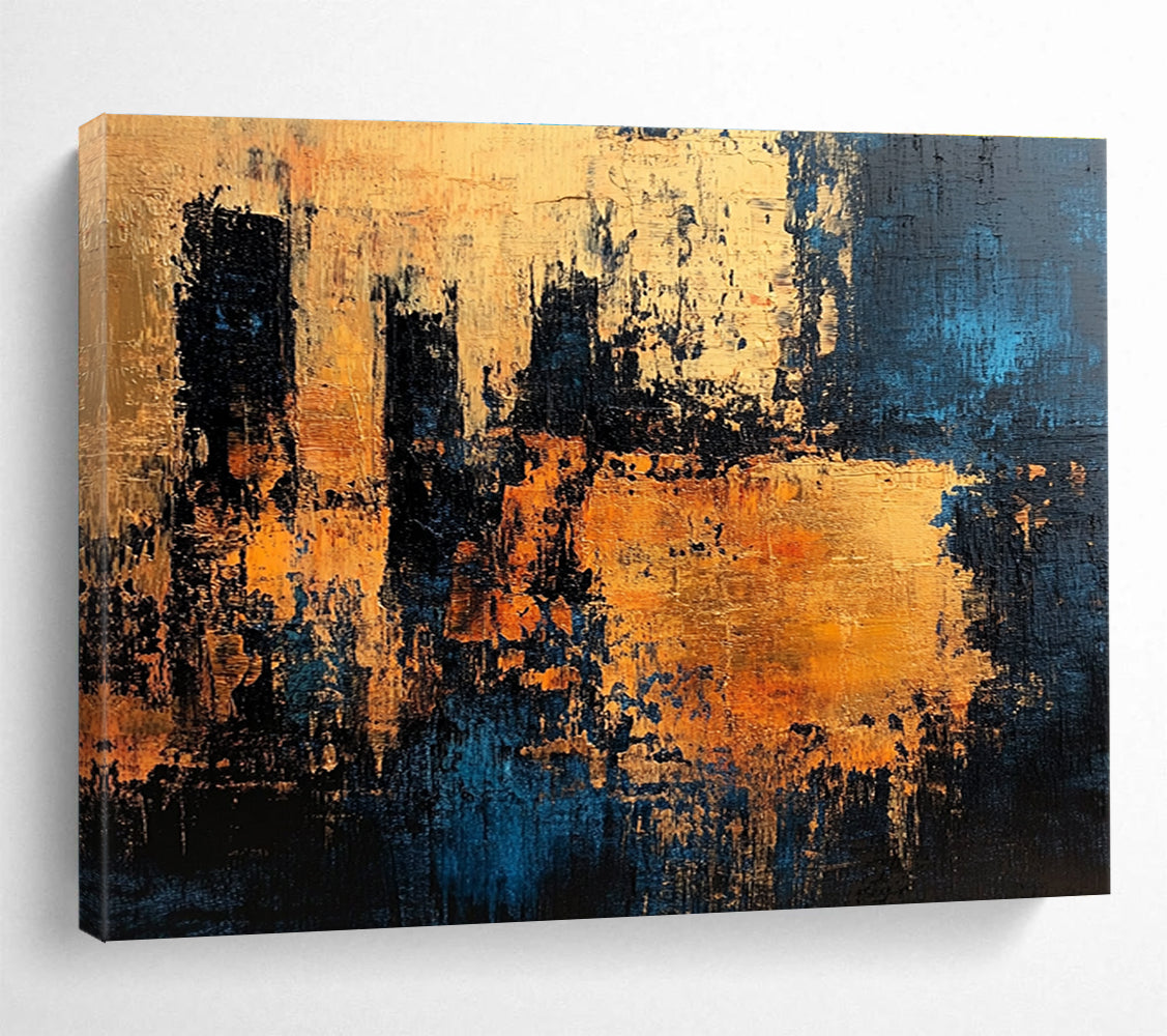Large abstract painting with textured surface in dark blue and gold suggesting an ancient castle wall radiating warmth and history.SC371