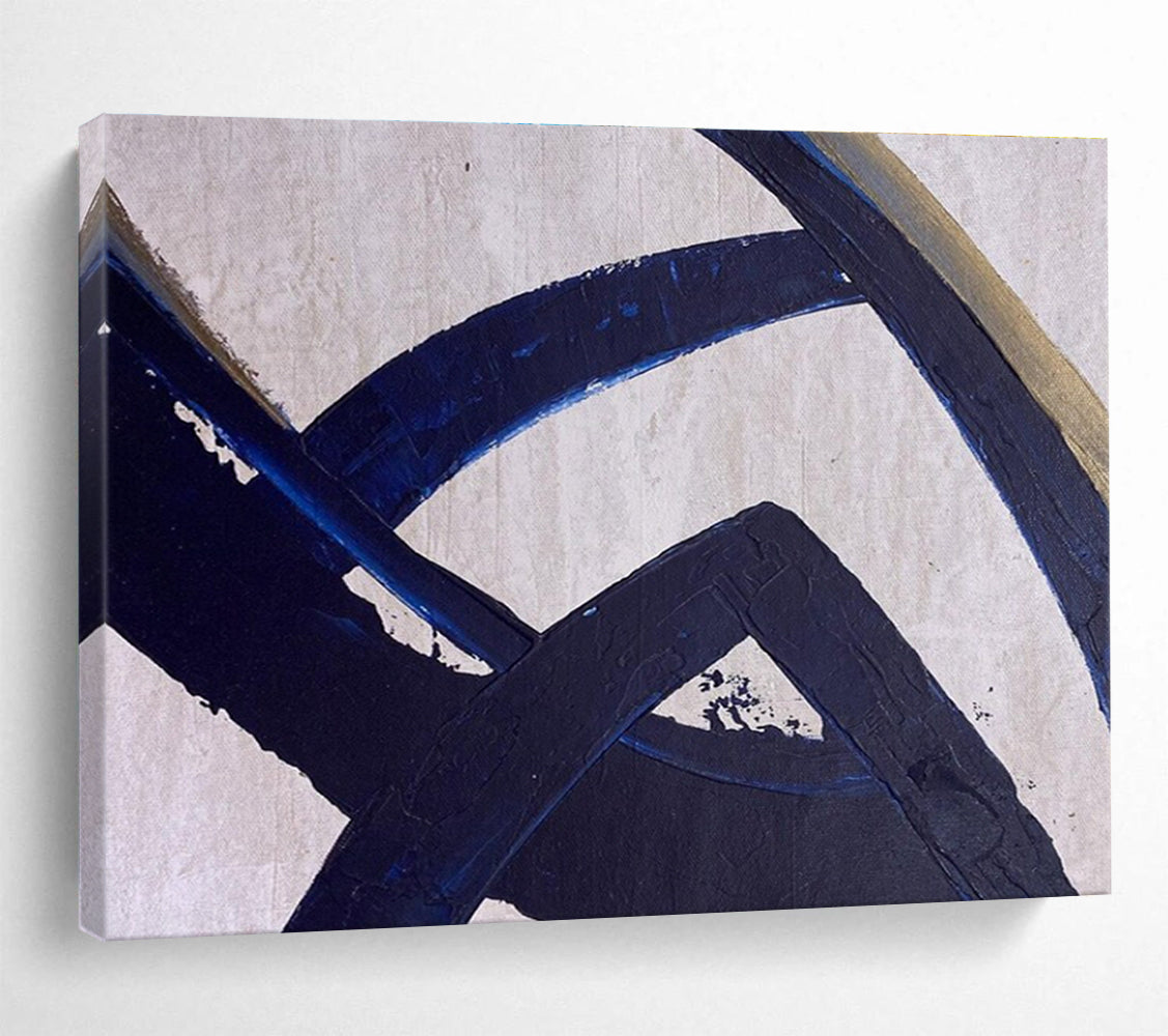 Navy Gold Abstract Painting with Intertwined Shapes THY350