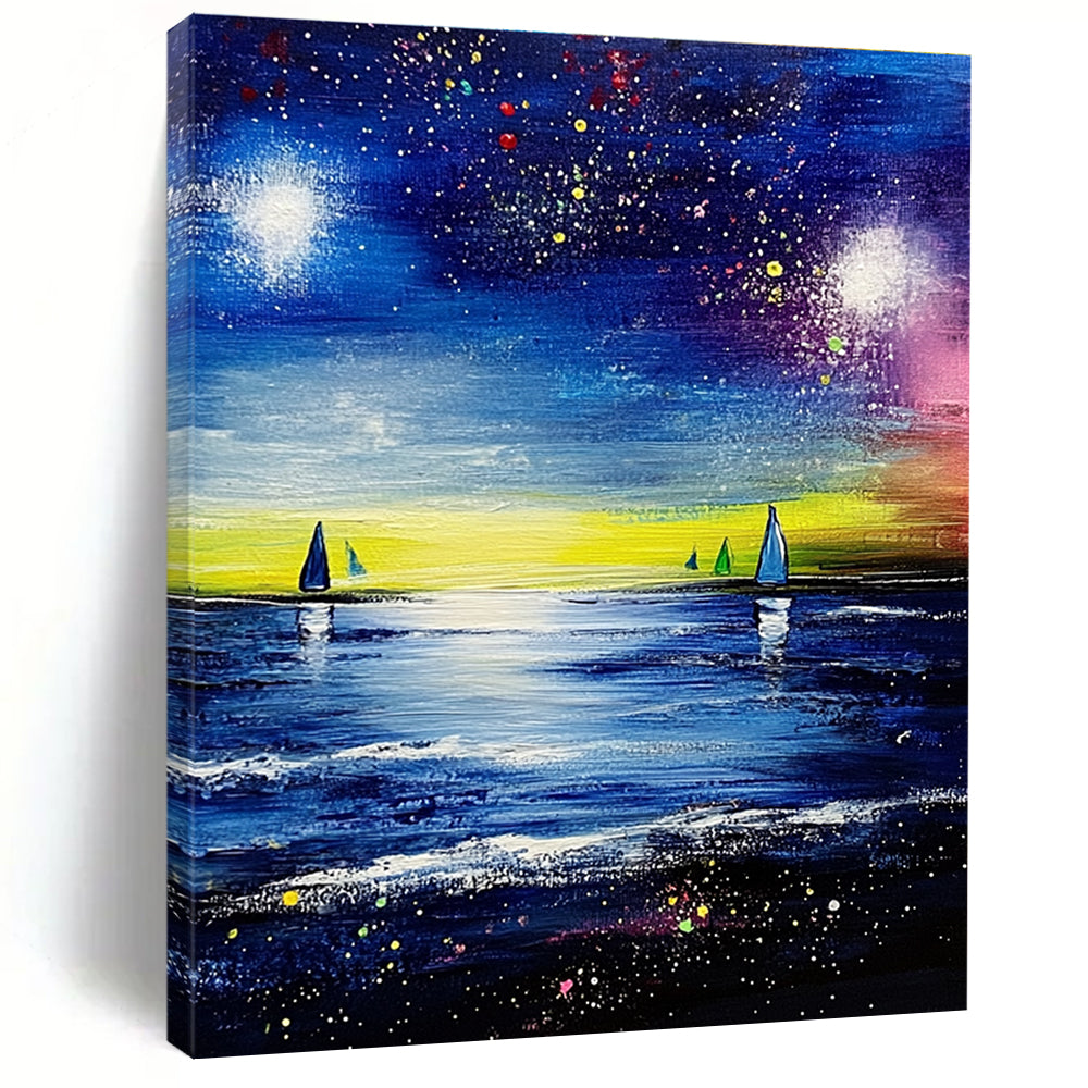 Large abstract painting featuring a vibrant blue sea and sky with stars and colorful sailboats in the distance.STSC526