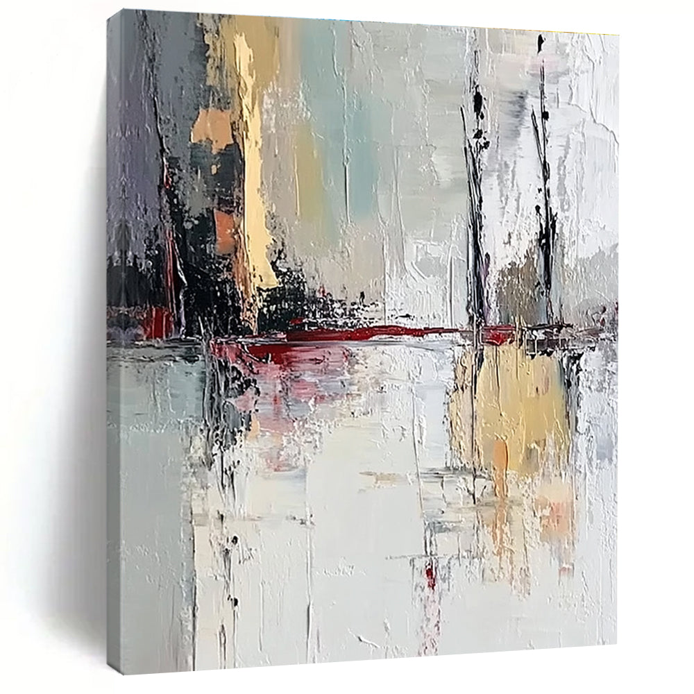 Large abstract painting featuring muted white and grey colors showcasing a lake reflection with thick brush strokes on textured canvas.STSC601