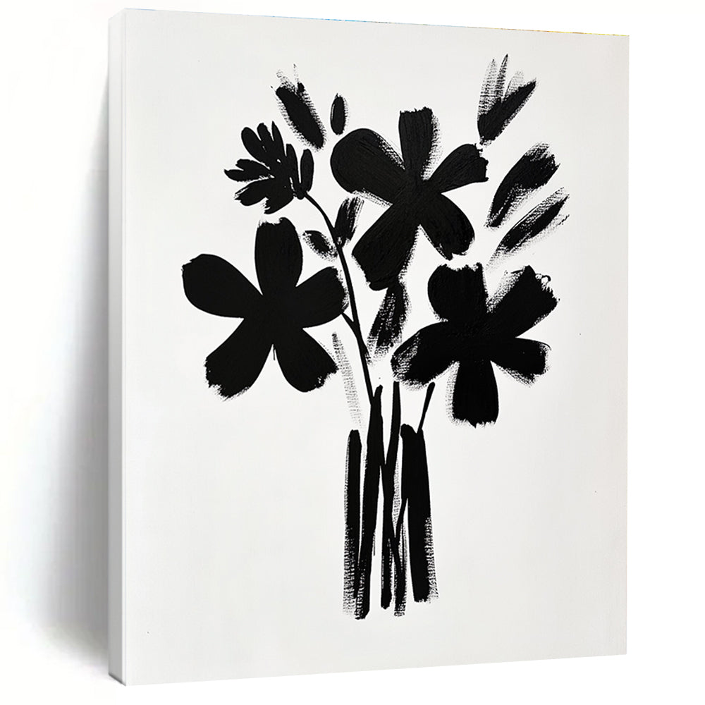 A large abstract painting featuring a bouquet of flowers in black brush strokes on white paper inspired by Matisse and Hockney's minimalistic styles.STSC925