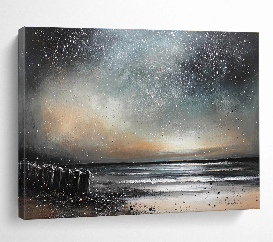 An abstract painting of a night sky over the ocean with silver and bronze stars falling like snow, crafted in oil on canvas.SC529
