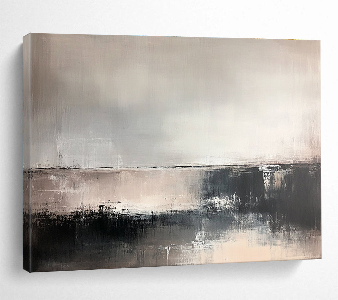 Large abstract painting in soft neutral tones featuring deep textures and a faint horizon line, evoking tranquility and contemplation in an abstract landscape.SC382
