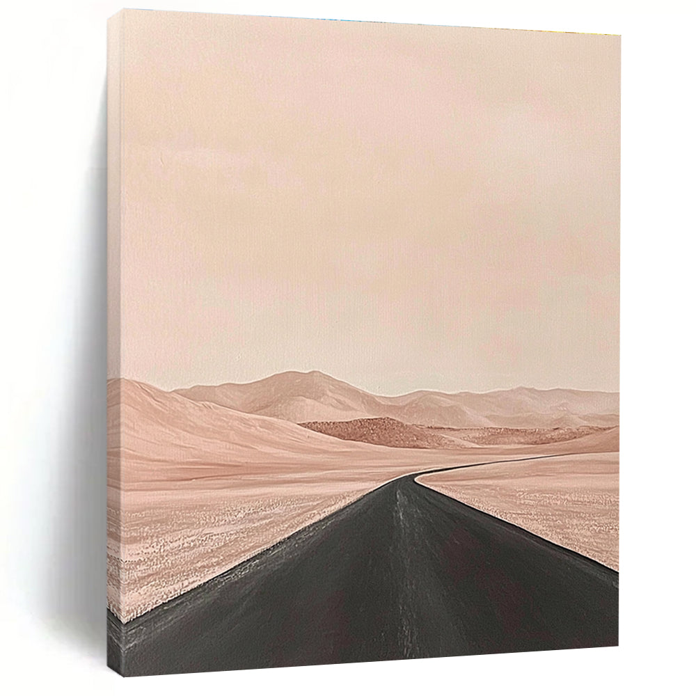 Large abstract painting of a desert scene featuring an empty road in the foreground with muted tones in a minimalist style.STSC1093
