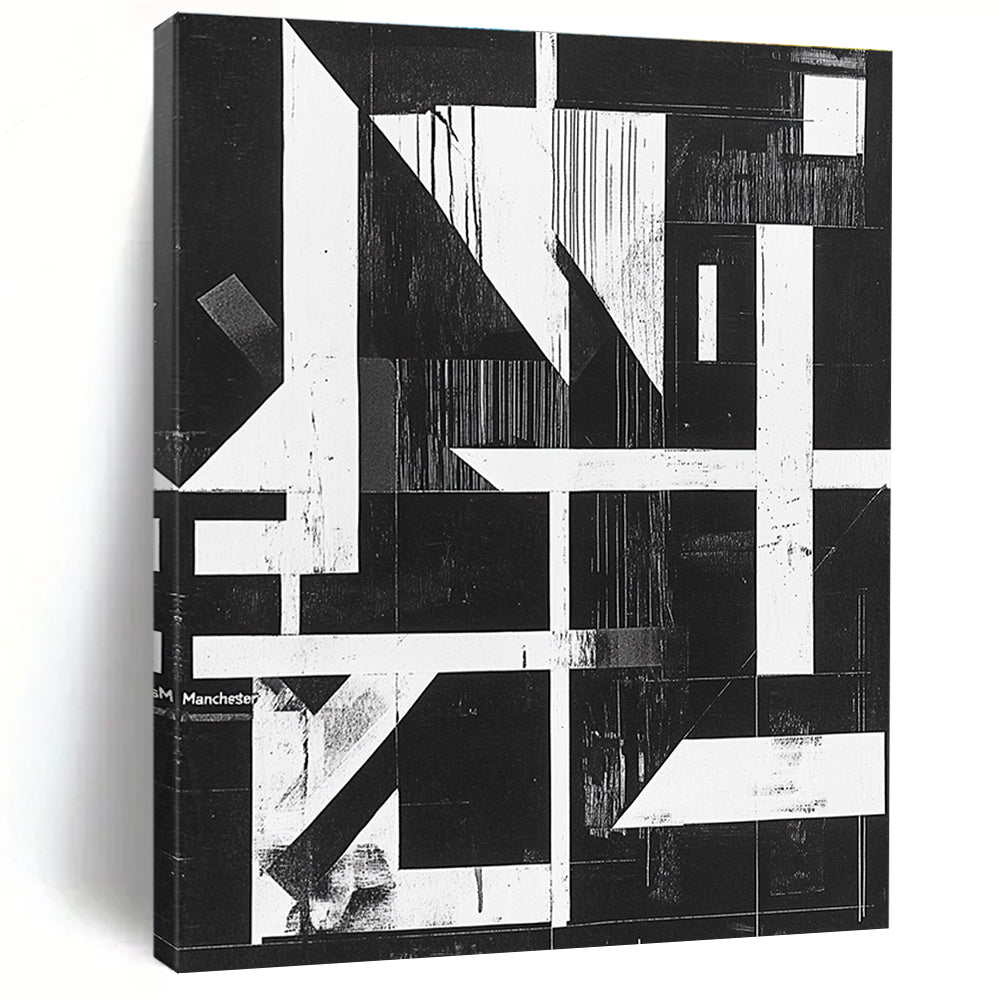 Black and White Geometric Abstract Painting with Architectural Forms GER145