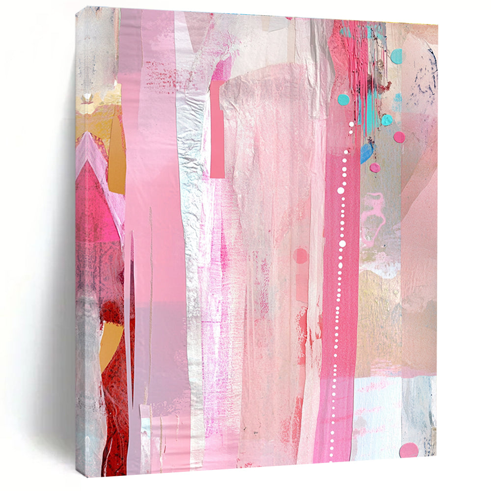 Pink and Colorful Abstract Painting with Vertical Stripes and Dots GER078