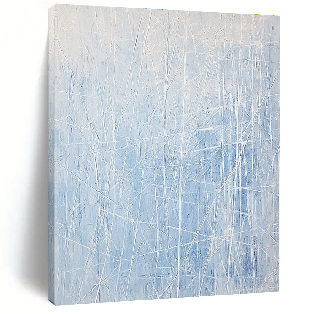 Large abstract painting featuring light blue and white lines resembling an icy landscape with vertical lines and scattered ice formations.STSC317