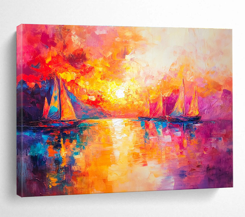 Vibrant Sunset Sailboats Abstract Painting with Bold Color Palette DYP321