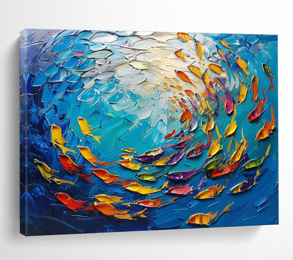 Colorful Fish School Abstract Painting with Blue, Yellow, and Colorful Fish THY199