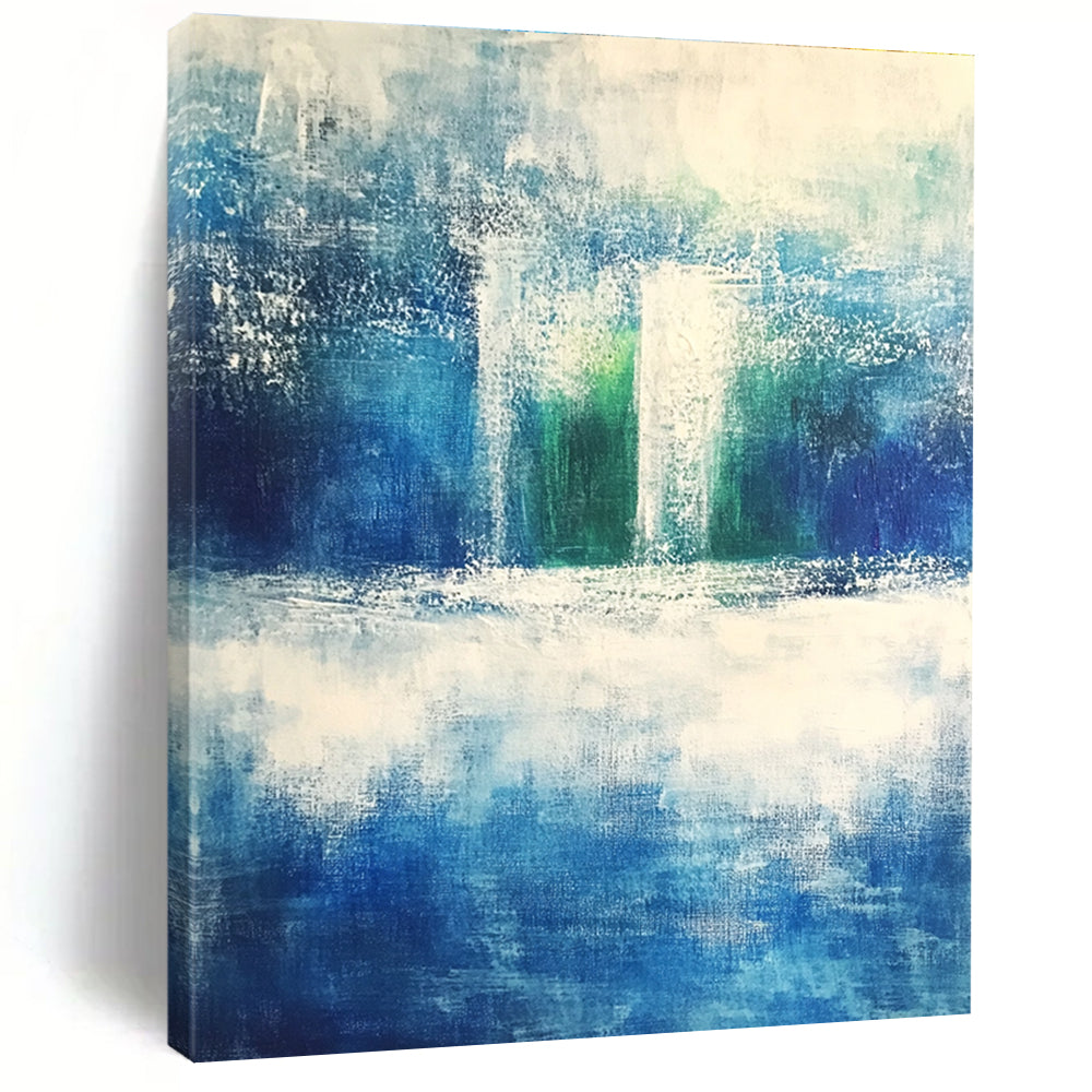 Large abstract painting evoking serene nature with shades of blue green gray and white featuring dynamic brushstrokes of rolling hills and waves.STSC368