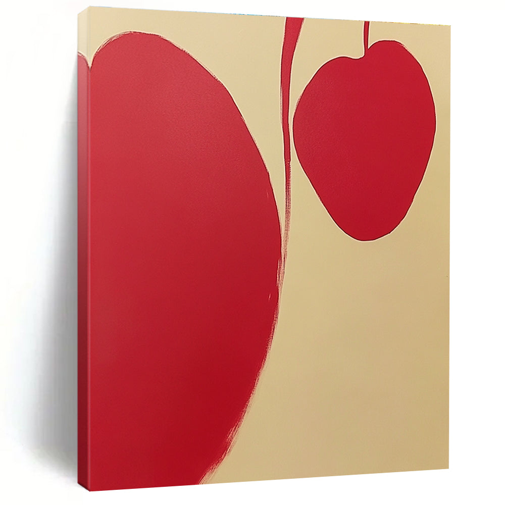 Abstract painting featuring red and cream-white background with two minimalist apple petal shapes and clean lines without shadows.STSC1105