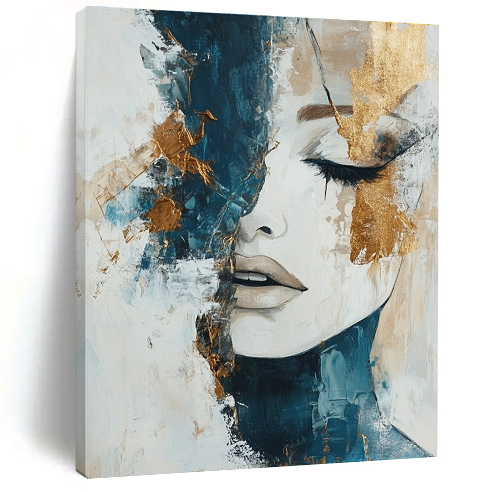 Large abstract painting in white beige and blue tones with gold accents representing the harmony of nature's elements on canvas.STSC361