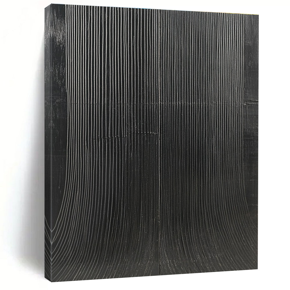 Large abstract painting featuring textured black canvas with S-shaped vertical lines in minimalist style high contrast smooth curves and waves.STSC1280