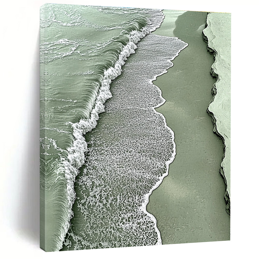 A large abstract painting featuring a light green sea with white foam and sandy waves evokes tranquility and nature's beauty.STSC533