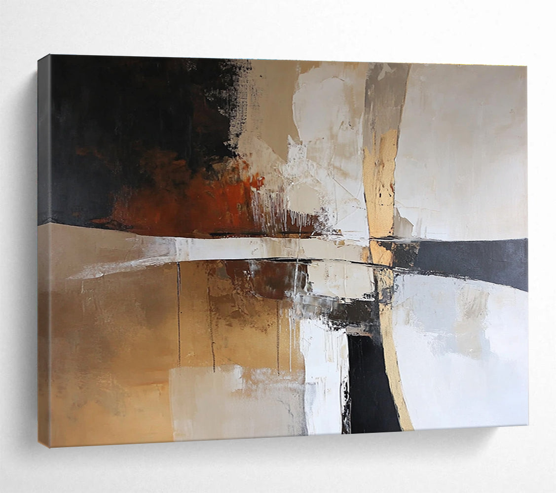 A large abstract painting featuring earth tones of white brown beige and black creating a harmonious and serene atmosphere.SC328