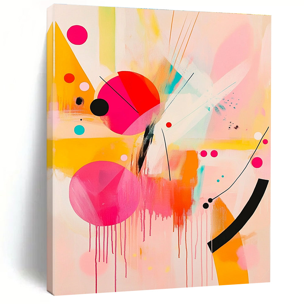 Large abstract painting featuring pink and yellow shapes with black lines and bright orange geometric forms creating a joyful playful composition.STSC790