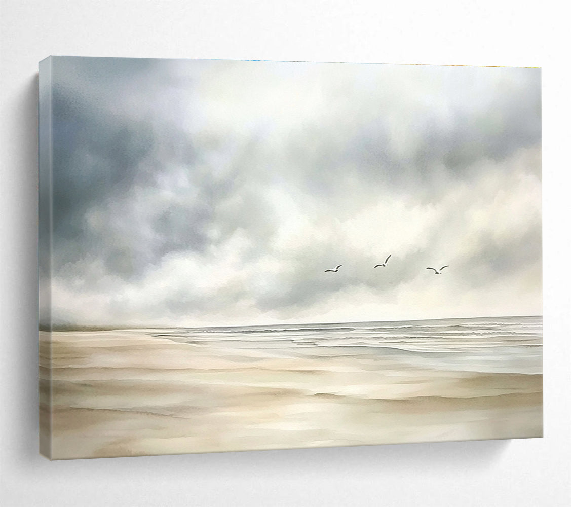 Large abstract watercolor depicting a calm beach scene with muted colors, seagulls in the distance, and a soft cloudy sky on a white background.SC616