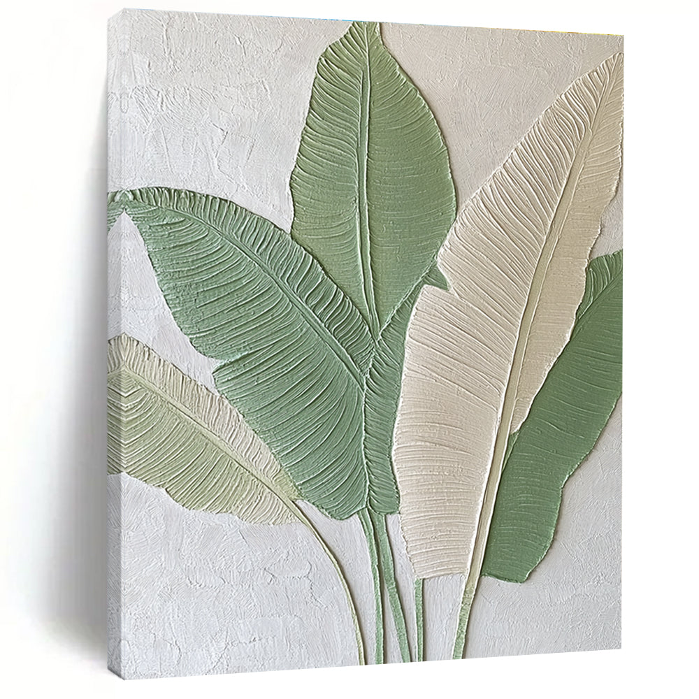 Large Abstract Painting Featuring Embossed Banana Leaves in Light Green and Beige Tones Ideal for Modern Home Decor.STSC001