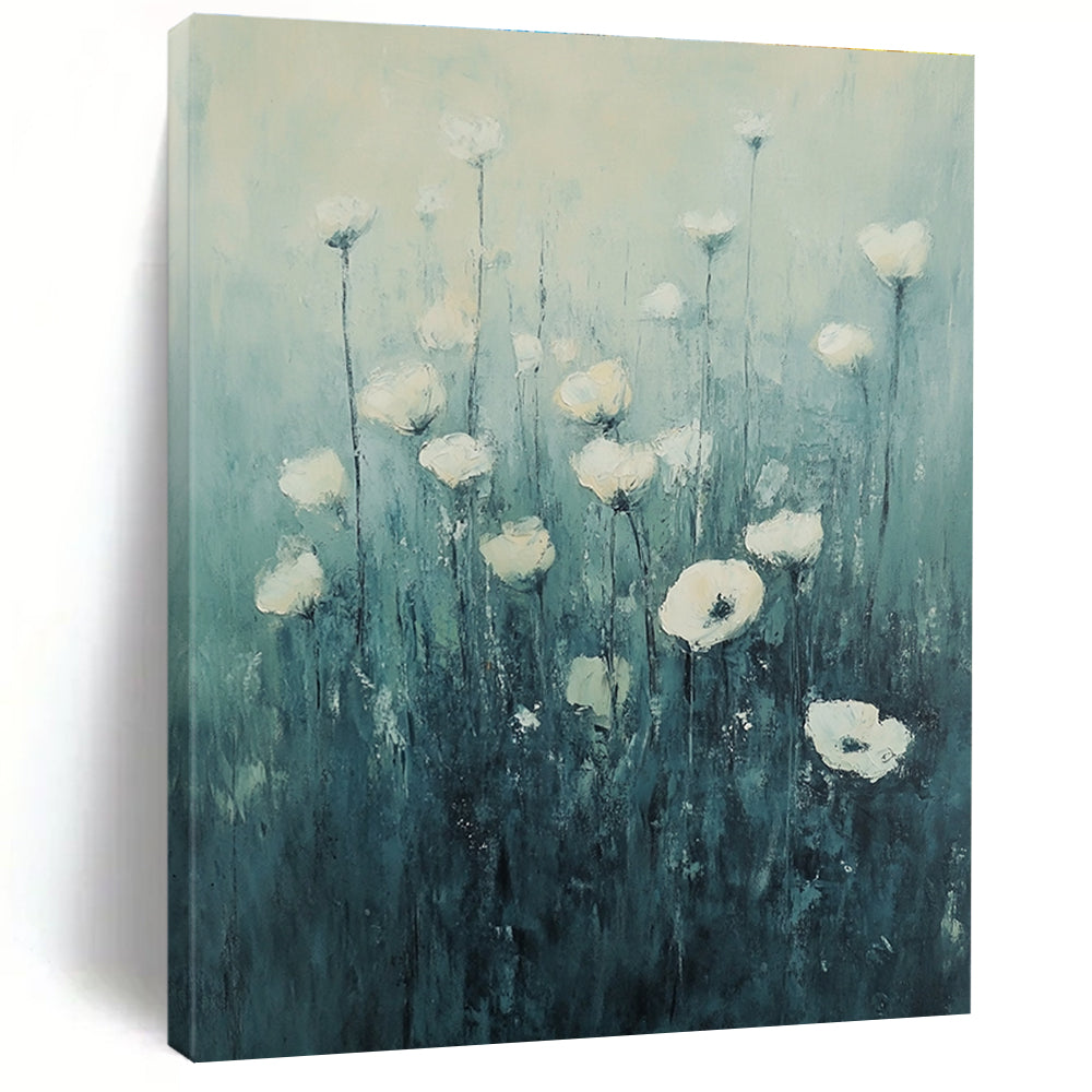 Large abstract painting of white flowers in grass with dreamy hues and impressionist brushstrokes set against a tranquil blue-green gradient contexts.STSC1150