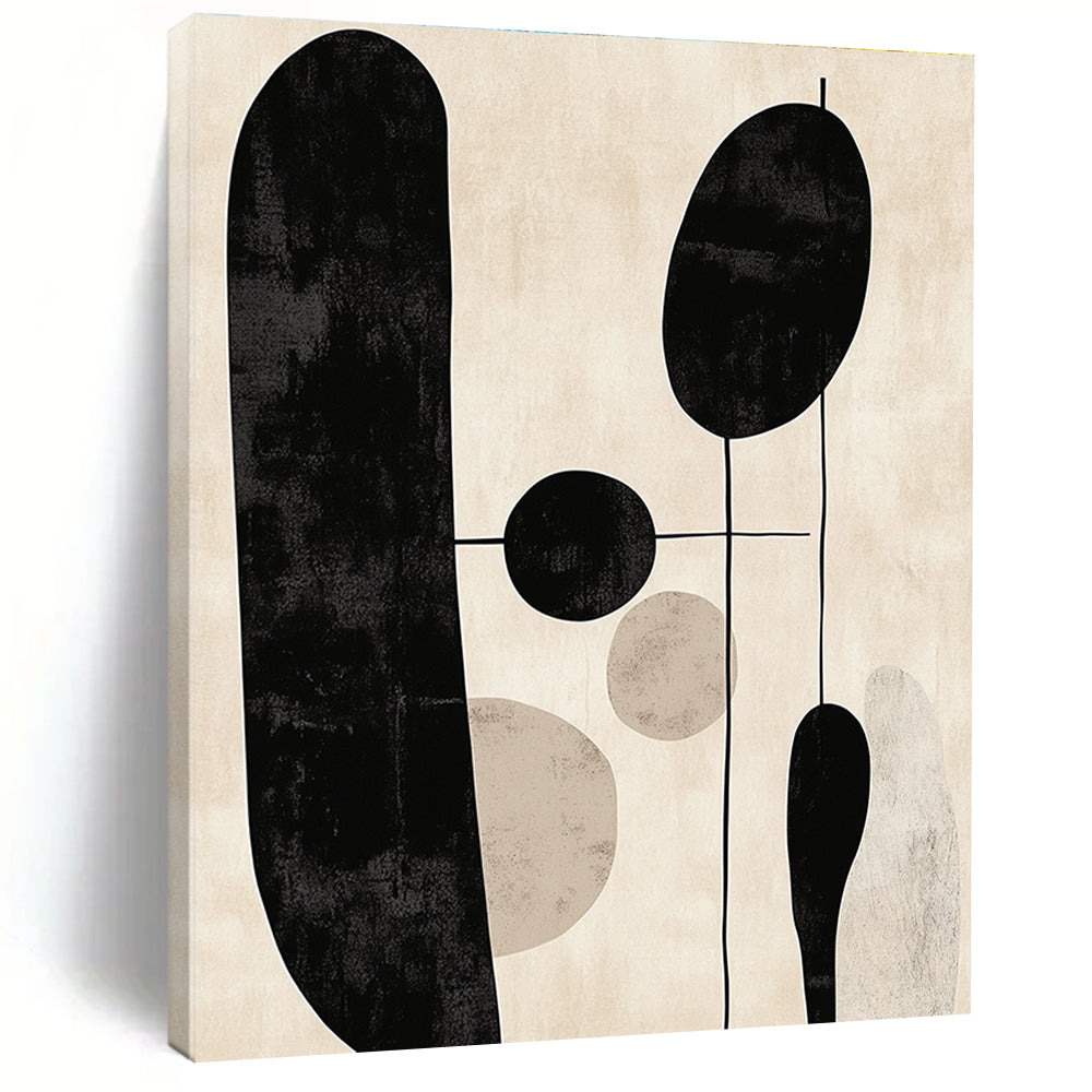 Large abstract artwork features minimalist black and white line art against a beige background with muted colors.STSC1330