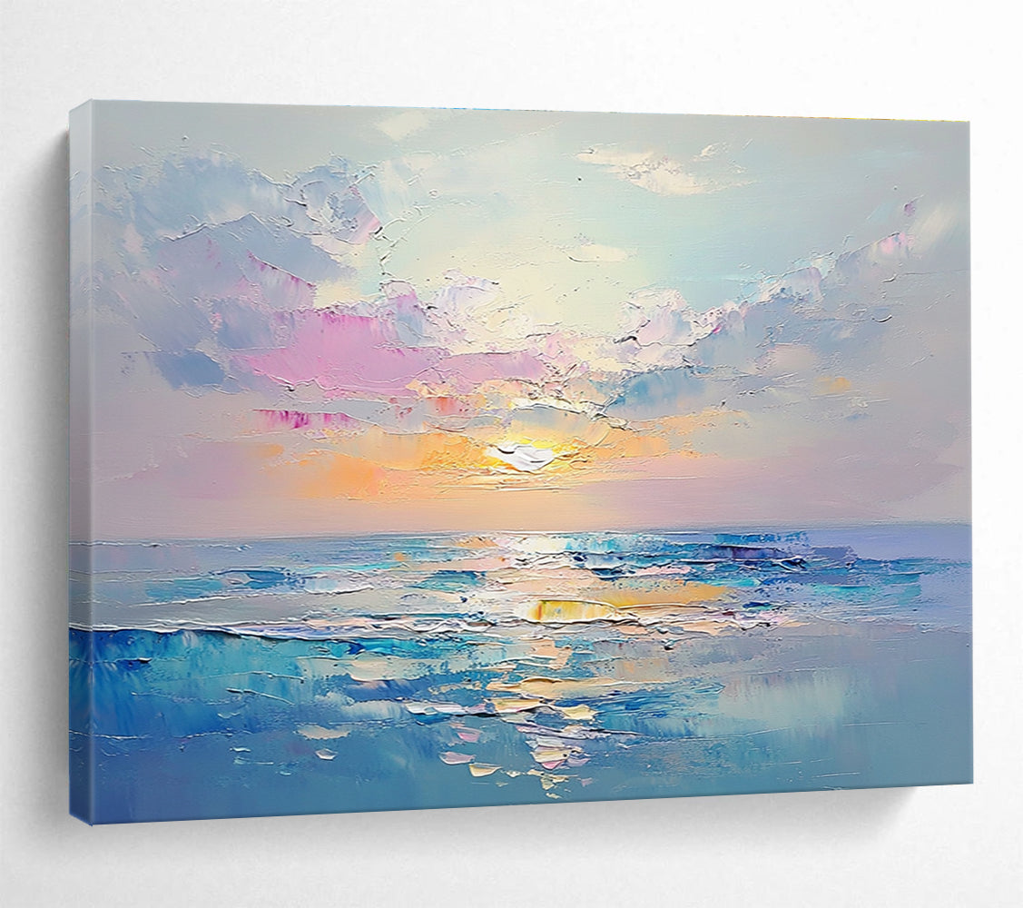 A large abstract painting capturing a tranquil sea at sunrise with pastel colors and detailed brush strokes creating a dreamy ocean landscape.SC418