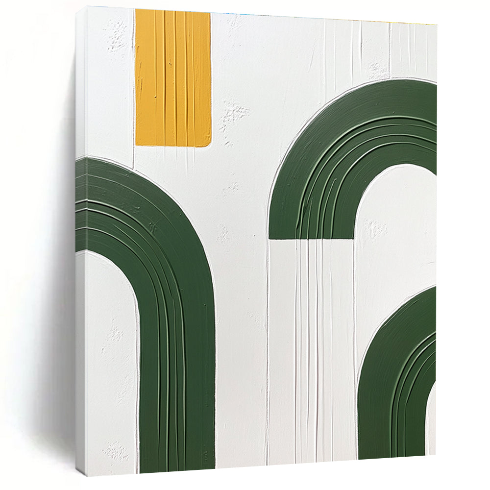 Large abstract painting featuring green arches and yellow circles on a white background with a hand-painted texture in oil paint.STSC1092