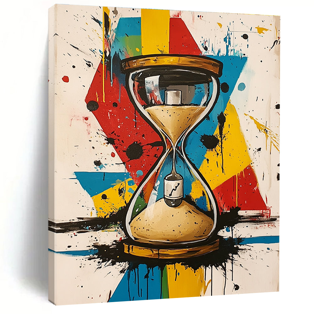 A large abstract painting featuring an hourglass with a bottle in the sand and a vibrant geometric background with paint splatters.STSC853