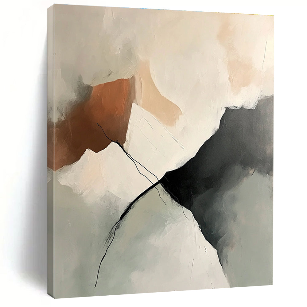 Large abstract painting featuring soft neutral tones and textured brush strokes with an isolated mountain range in shades of beige gray and peach.STSC800