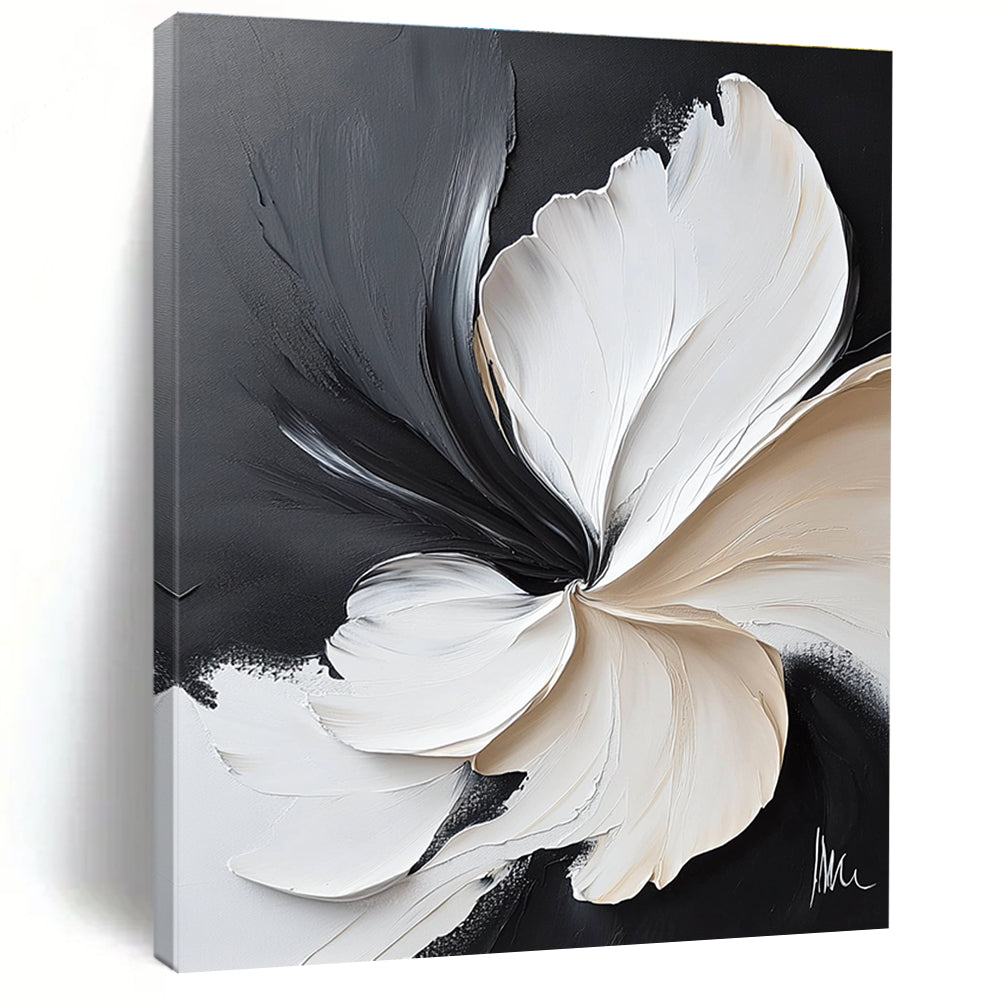 Large abstract painting featuring white flowers on a black background with meticulous brushwork and delicate textures in flowing organic shapes.STSC514