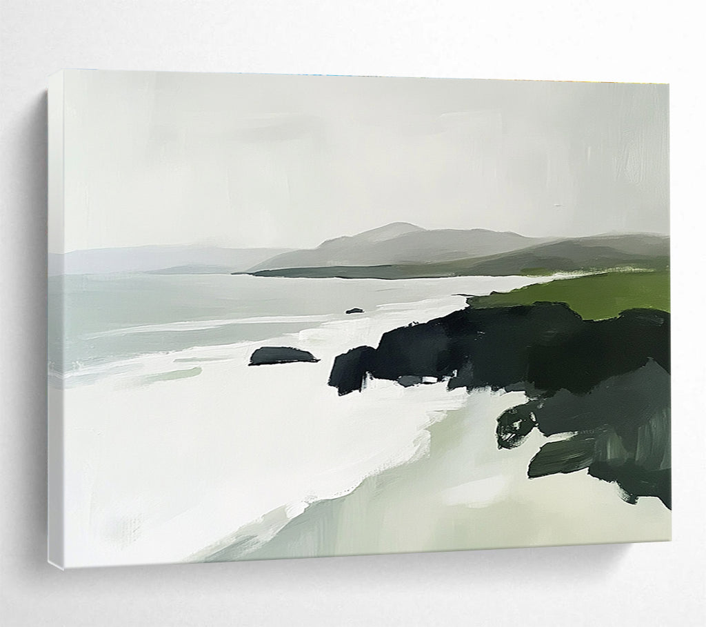 Abstract painting of the Irish coast featuring green rocks white waves and distant mountains in a minimalist style with soft edges and natural lighting.SC160