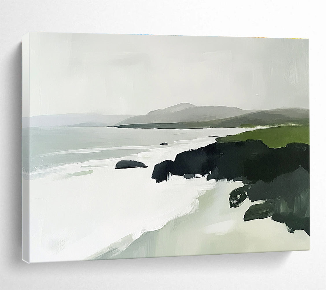 Abstract painting of the Irish coast featuring green rocks white waves and distant mountains in a minimalist style with soft edges and natural lighting.SC160
