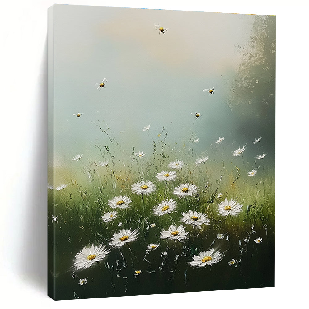Large Abstract Painting of Wild Daisies in a Meadow Under Soft Morning Light with Bees and Fluffy Clouds Creating a Serene Atmosphere.STSC1176