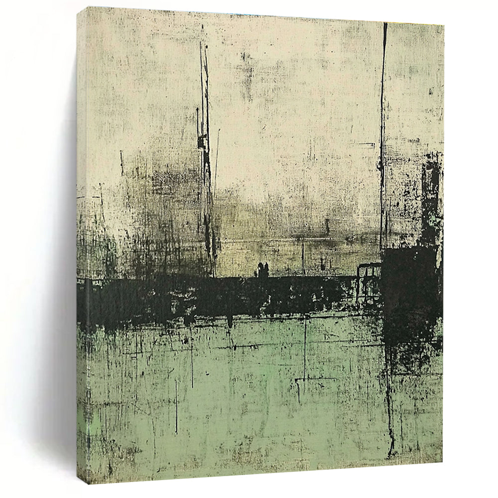 Large abstract painting featuring muted green and gray tones depicting a desolate landscape with distant buildings and water.STSC421