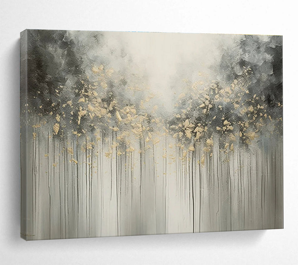 Gray Gold Drip Abstract Painting with Ethereal Tree - Like Forms THY320