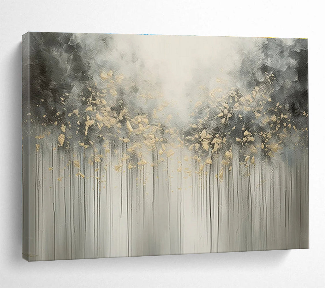 Gray Gold Drip Abstract Painting with Ethereal Tree - Like Forms THY320