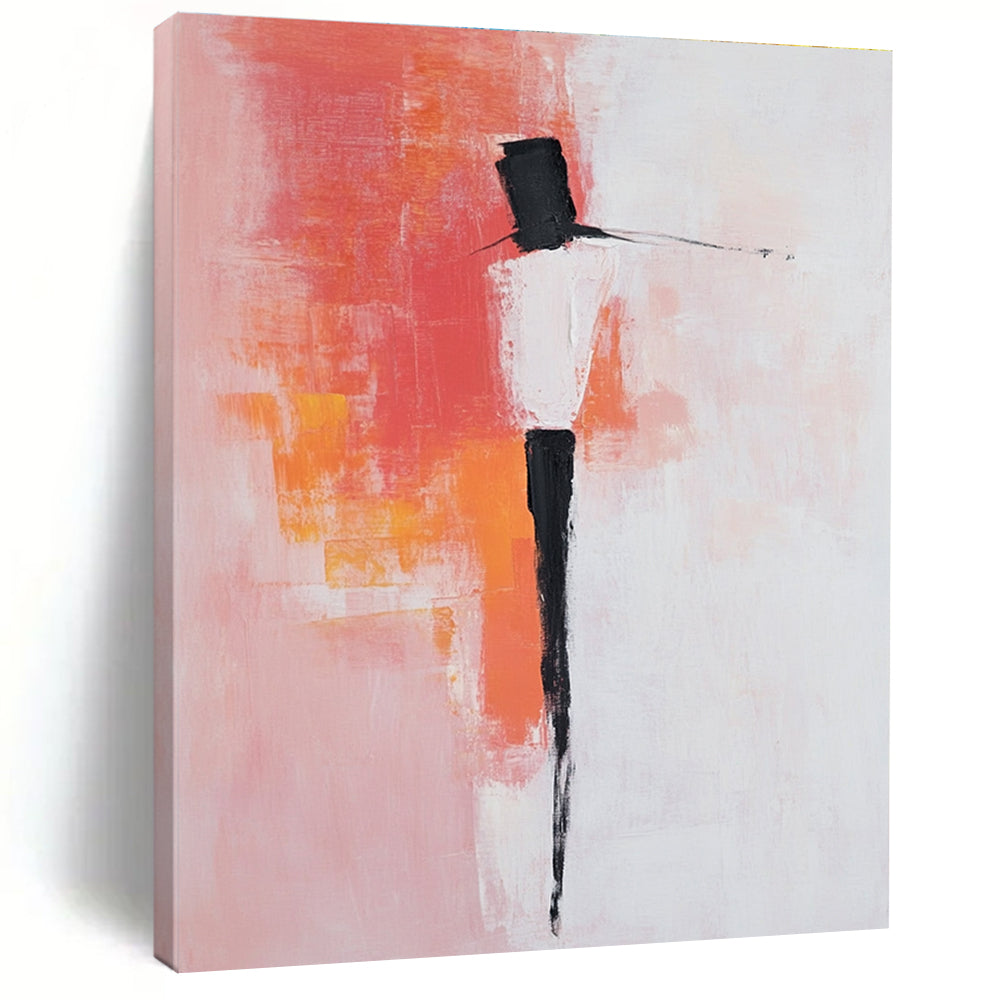 Large abstract painting with pink and white background featuring bold brush strokes simple shapes and peachy red accents with black dress shoes.STSC404