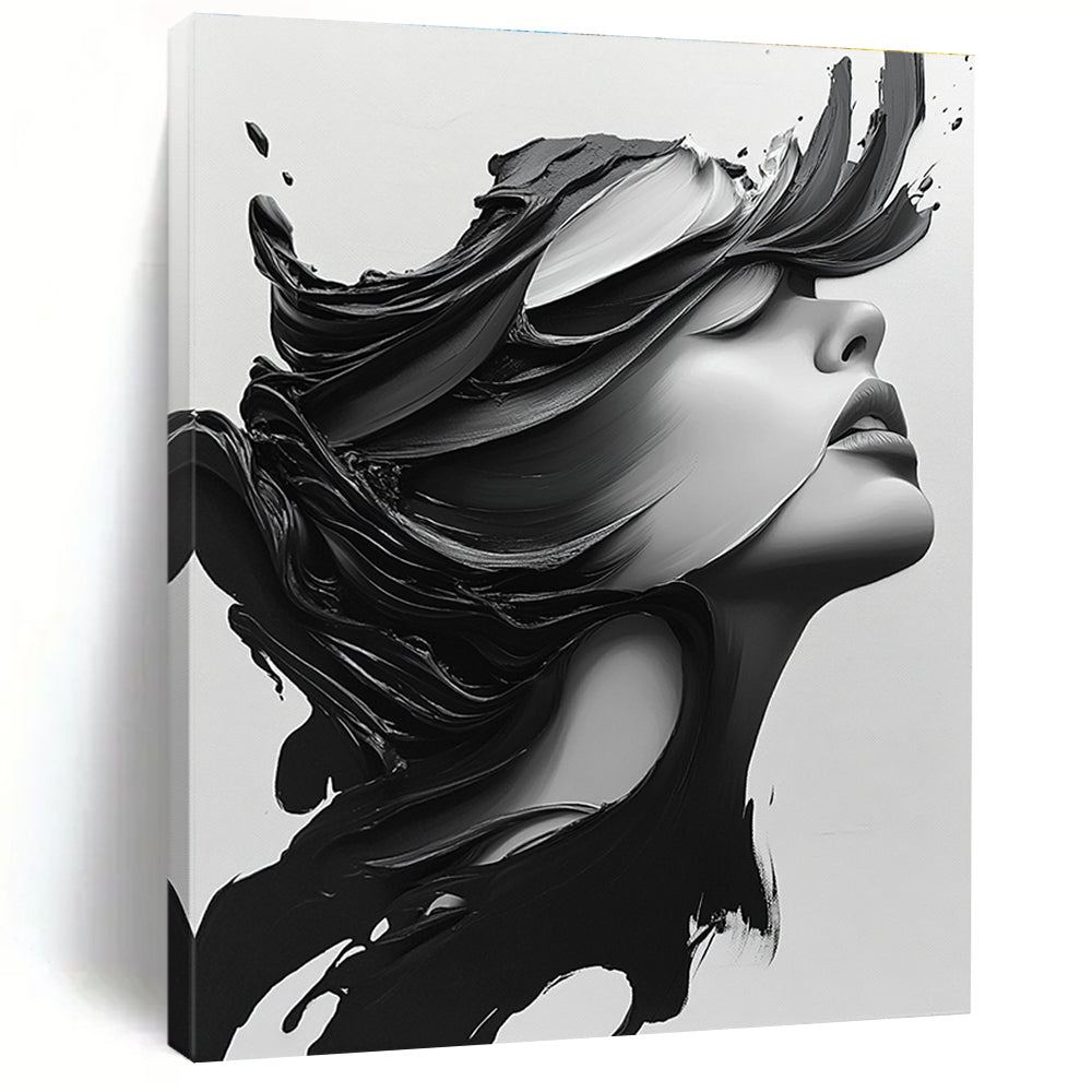 Large abstract painting featuring a close-up portrait of a beautiful woman with long hair blowing, in monochrome colors and dramatic contrast.STSC1469