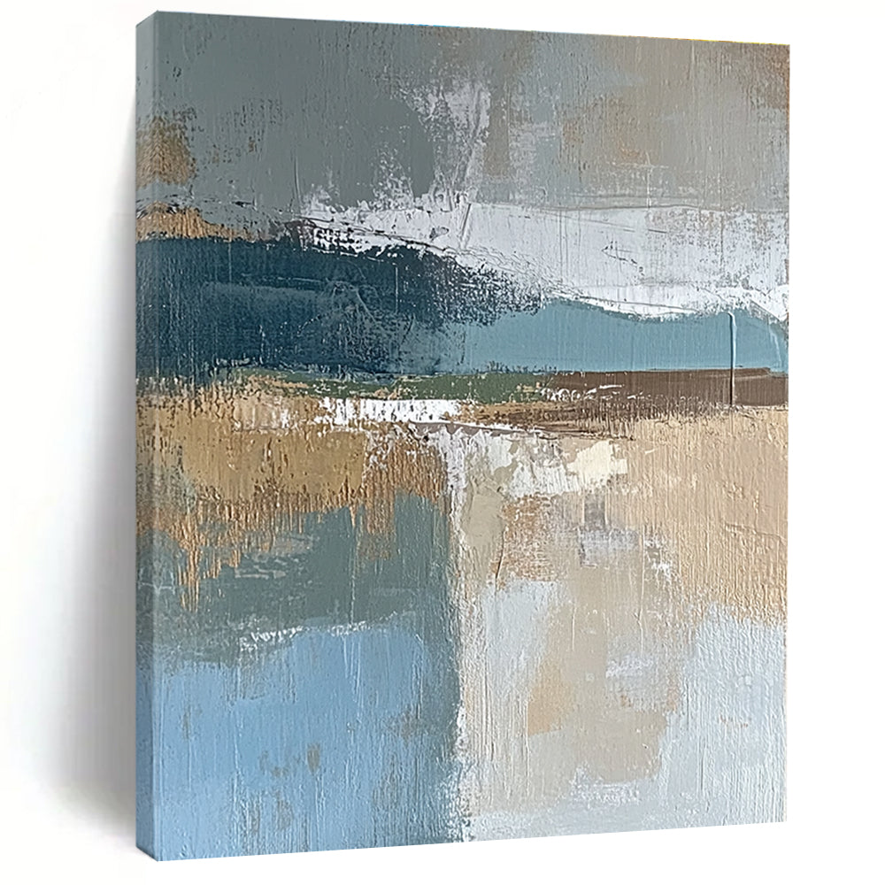 Large abstract painting featuring muted blue gray and brown tones with textured brushstrokes and earthy accents in green and beige.STSC563
