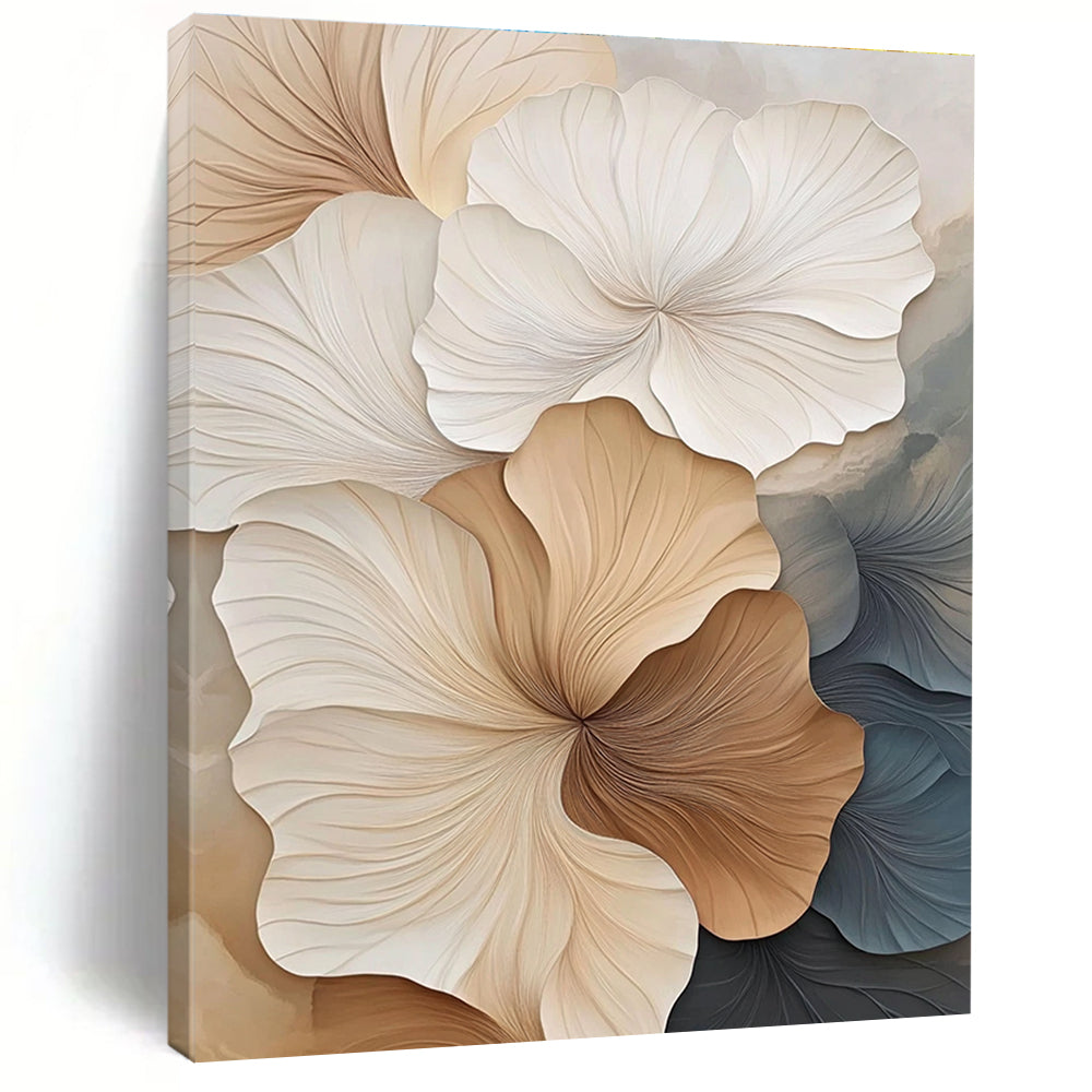 Large abstract artwork featuring textured petals in beige and white showcasing fine lines and depth against a minimalist background.STSC963