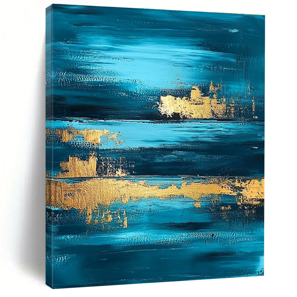 Deep Blue and Gold Abstract Painting with Layered Horizons GER375