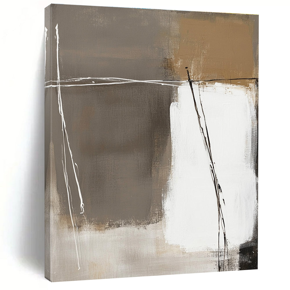 Large abstract painting in white and beige with brown accents on a dark gray background featuring thick brush strokes and hand-drawn lines.STSC564
