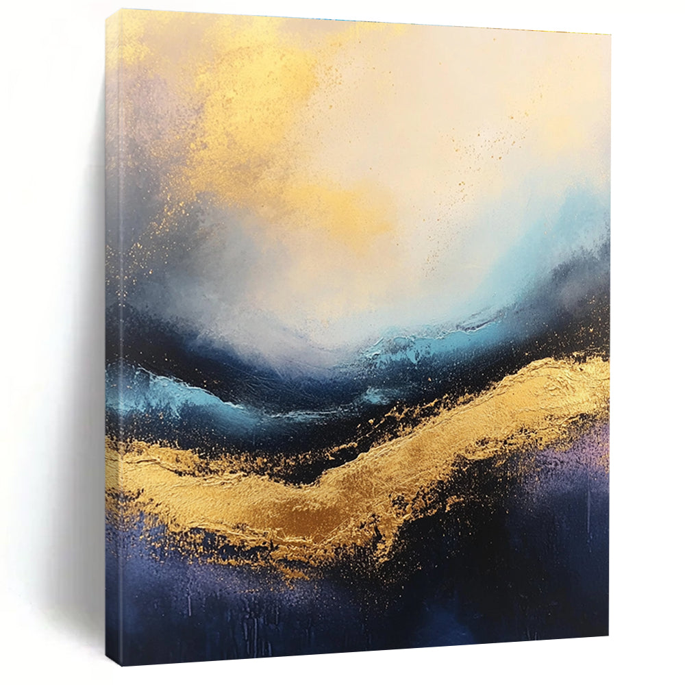 Large abstract painting of stormy seas featuring rich gold and blue tones with a captivating textured surface.STSC333