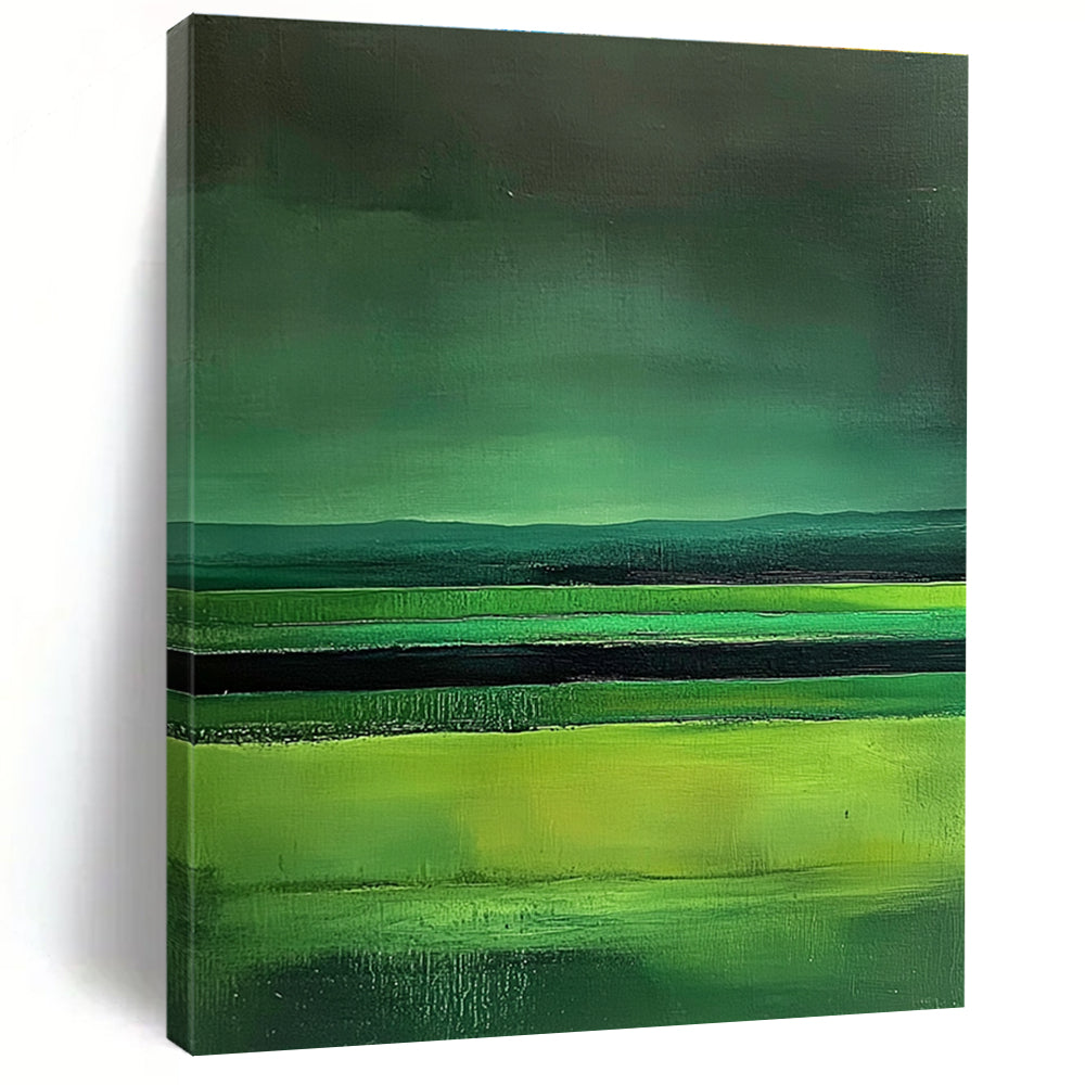 Large abstract painting featuring green fields dark sky and lake in a minimalist style with fluid lines inspired by Mark Rothko.STSC309