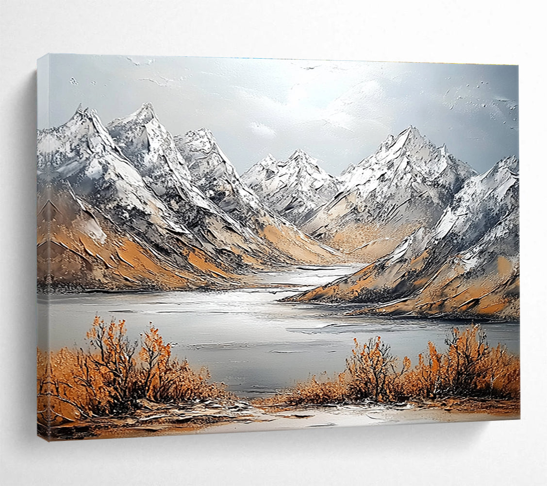 Large abstract painting featuring snowy mountains and intricate textures with a panoramic view of a distant river and soft light.SC611